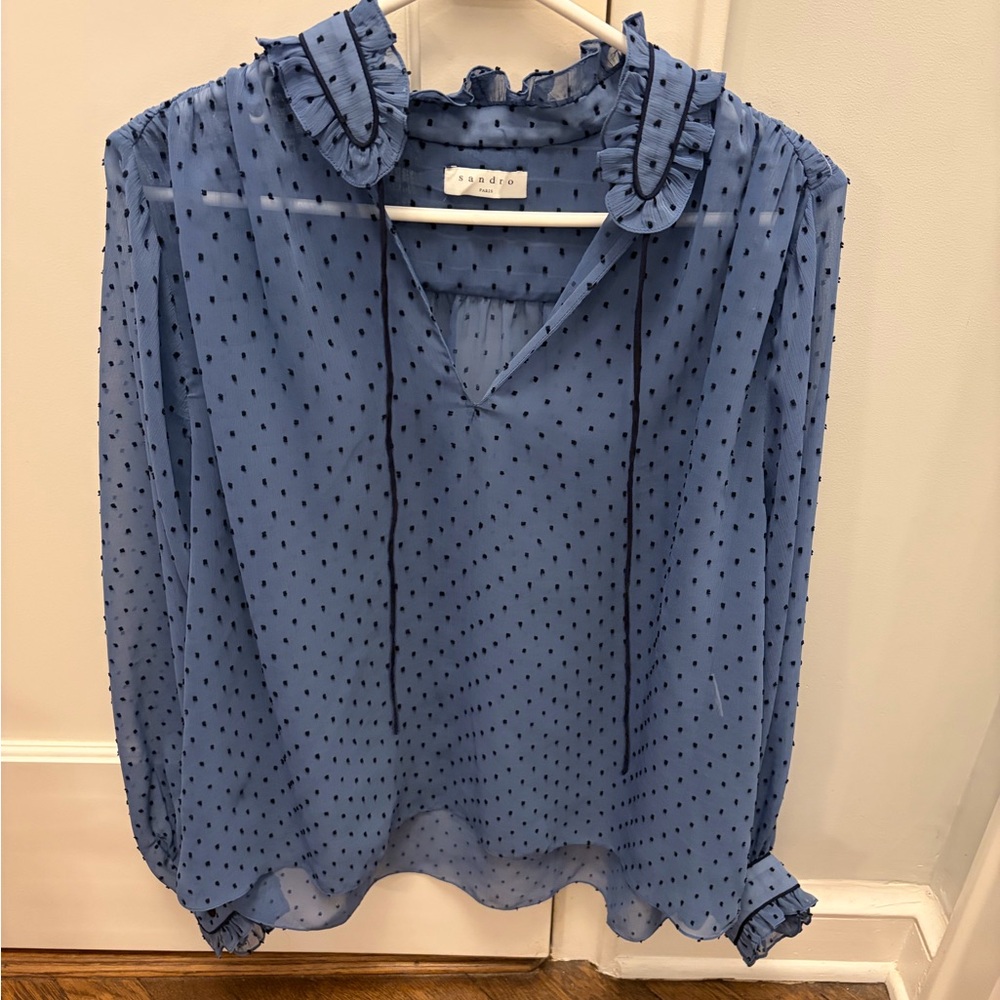 Sandro Blue Sheer Polka Dot Tie-Neck Blouse Long Sleeve Ruffle smocking